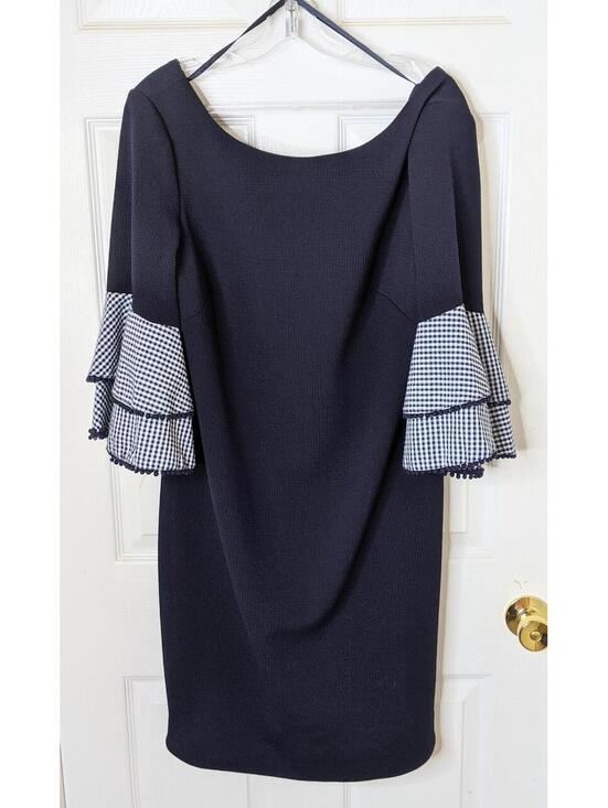 J. Howard Dresses & Skirts - J. Howard Navy Blue Textured Shirt Dress Gingham Tiered Bell Sleeves Size 14